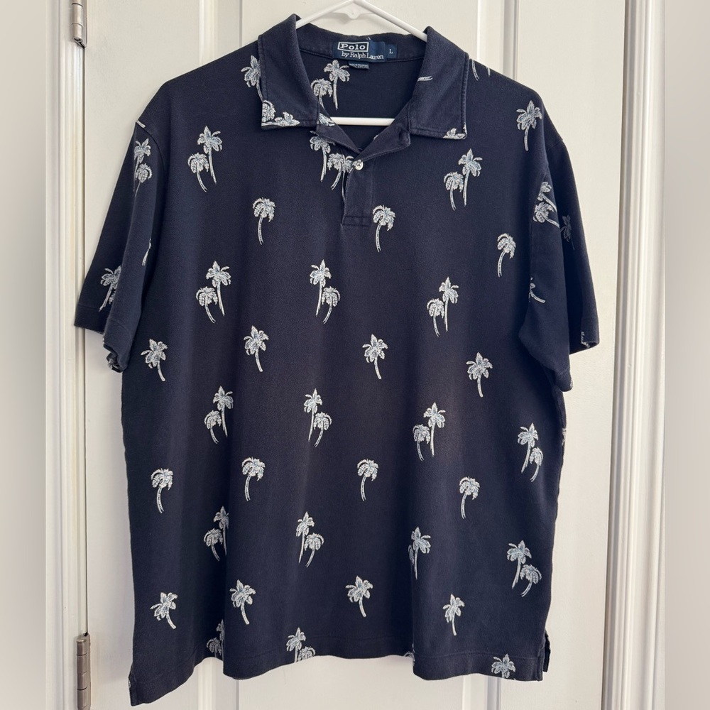 Polo Ralph Lauren Collared Men’s Shirt Lg Blue Cotton Golf Palm Tree Resortwear